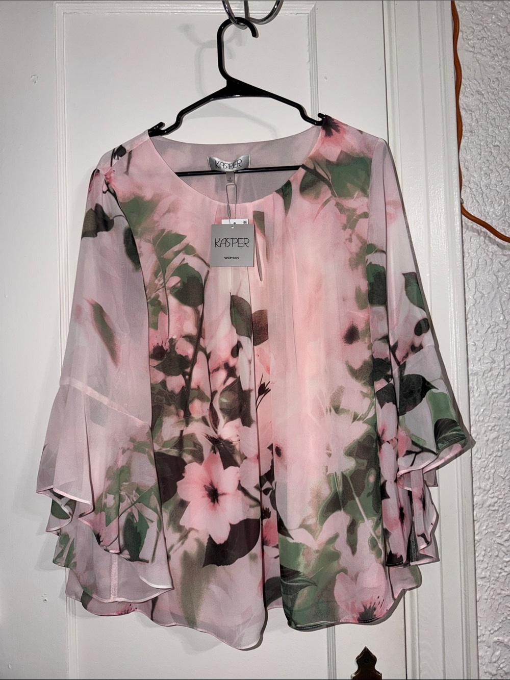 Kasper Pink and Green Floral Chiffon Flutter Sleeve Blouse